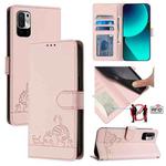 For Xiaomi Redmi Note 10T 5G Cat Rat Embossed Pattern RFID Leather Phone Case with Lanyard(Pink)