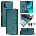 For Xiaomi Redmi 9 Power Cat Rat Embossed Pattern RFID Leather Phone Case with Lanyard(Peacock Green)
