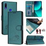 For Xiaomi Redmi Note 7 Pro Cat Rat Embossed Pattern RFID Leather Phone Case with Lanyard(Peacock Green)