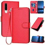 For Huawei P30 YX0070 Carbon Fiber Buckle Leather Phone Case with Lanyard(Red)