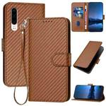 For Huawei P30 YX0070 Carbon Fiber Buckle Leather Phone Case with Lanyard(Coffee)