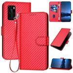 For Huawei P40 YX0070 Carbon Fiber Buckle Leather Phone Case with Lanyard(Red)