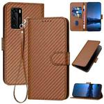 For Huawei P40 YX0070 Carbon Fiber Buckle Leather Phone Case with Lanyard(Coffee)
