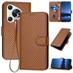 For Huawei Pura 70 YX0070 Carbon Fiber Buckle Leather Phone Case with Lanyard(Coffee)