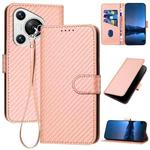 For Huawei Pura 70 YX0070 Carbon Fiber Buckle Leather Phone Case with Lanyard(Pink)