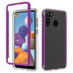 For Samsung Galaxy A21 Shockproof TPU Frame + Clear PC Back Case + Front PET Screen Protector(Purple)