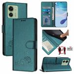 For Motorola Edge 40 5G Global Cat Rat Embossed Pattern RFID Leather Phone Case with Lanyard(Peacock Green)