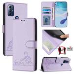 For Motorola G Pure/Moto G Play 2023 Cat Rat Embossed Pattern RFID Leather Phone Case with Lanyard(Purple)