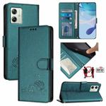 For Motorola Moto G14 4G Cat Rat Embossed Pattern RFID Leather Phone Case with Lanyard(Peacock Green)