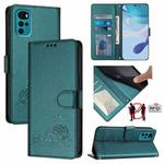 For Motorola Moto G22 4G/E32s Cat Rat Embossed Pattern RFID Leather Phone Case with Lanyard(Peacock Green)