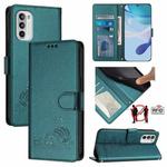 For Motorola Moto G52 4G/G82 5G/G71s 5G Cat Rat Embossed Pattern RFID Leather Phone Case with Lanyard(Peacock Green)