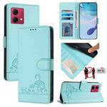 For Motorola Moto G84 5G Cat Rat Embossed Pattern RFID Leather Phone Case with Lanyard(Mint Green)