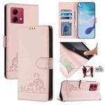 For Motorola Moto G84 5G Cat Rat Embossed Pattern RFID Leather Phone Case with Lanyard(Pink)