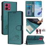 For Motorola Moto G84 5G Cat Rat Embossed Pattern RFID Leather Phone Case with Lanyard(Peacock Green)