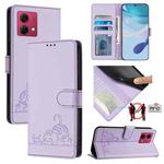 For Motorola Moto G84 5G Cat Rat Embossed Pattern RFID Leather Phone Case with Lanyard(Purple)