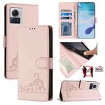 For Motorola Edge 30 Ultra Cat Rat Embossed Pattern RFID Leather Phone Case with Lanyard(Pink)