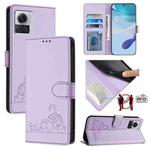 For Motorola Edge 30 Ultra Cat Rat Embossed Pattern RFID Leather Phone Case with Lanyard(Purple)