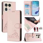 For Motorola Edge 50 Ultra Cat Rat Embossed Pattern RFID Leather Phone Case with Lanyard(Pink)