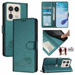 For Motorola Edge 50 Ultra Cat Rat Embossed Pattern RFID Leather Phone Case with Lanyard(Peacock Green)