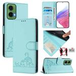 For Motorola Moto G35 Cat Rat Embossed Pattern RFID Leather Phone Case with Lanyard(Mint Green)