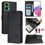 For Motorola Moto G35 Cat Rat Embossed Pattern RFID Leather Phone Case with Lanyard(Black)