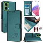 For Motorola Moto G35 Cat Rat Embossed Pattern RFID Leather Phone Case with Lanyard(Peacock Green)