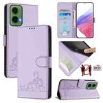 For Motorola Moto G35 Cat Rat Embossed Pattern RFID Leather Phone Case with Lanyard(Purple)