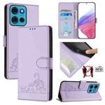 For Motorola Moto G75 Cat Rat Embossed Pattern RFID Leather Phone Case with Lanyard(Purple)