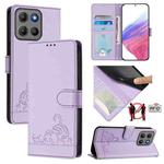 For Motorola Moto G15 / G15 Power Cat Rat Embossed Pattern RFID Leather Phone Case with Lanyard(Purple)