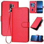 For Xiaomi Poco M2/Redmi 9/9 Prime YX0070 Carbon Fiber Buckle Leather Phone Case with Lanyard(Red)