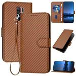 For Xiaomi Poco M2/Redmi 9/9 Prime YX0070 Carbon Fiber Buckle Leather Phone Case with Lanyard(Coffee)