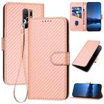 For Xiaomi Poco M2/Redmi 9/9 Prime YX0070 Carbon Fiber Buckle Leather Phone Case with Lanyard(Pink)