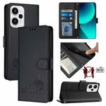 For Xiaomi POCO F5 Cat Rat Embossed Pattern RFID Leather Phone Case with Lanyard(Black)