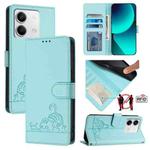 For Xiaomi Redmi Note 13 5G Global Cat Rat Embossed Pattern RFID Leather Phone Case with Lanyard(Mint Green)