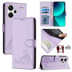 For Xiaomi Redmi Note 13 Pro+ 5G Global Cat Rat Embossed Pattern RFID Leather Phone Case with Lanyard(Purple)