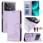 For Xiaomi POCO X6 Neo 5G Global Cat Rat Embossed Pattern RFID Leather Phone Case with Lanyard(Purple)