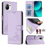 For Xiaomi Mi 11 Cat Rat Embossed Pattern RFID Leather Phone Case with Lanyard(Purple)
