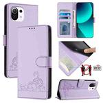 For Xiaomi Mi 11 Lite Cat Rat Embossed Pattern RFID Leather Phone Case with Lanyard(Purple)