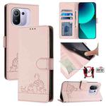 For Xiaomi Mi 11 Pro Cat Rat Embossed Pattern RFID Leather Phone Case with Lanyard(Pink)