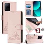 For Xiaomi 11T / 11T Pro Cat Rat Embossed Pattern RFID Leather Phone Case with Lanyard(Pink)