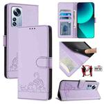 For Xiaomi 12 Pro / 12s Pro Cat Rat Embossed Pattern RFID Leather Phone Case with Lanyard(Purple)