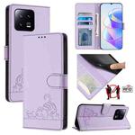 For Xiaomi 13 5G Cat Rat Embossed Pattern RFID Leather Phone Case with Lanyard(Purple)