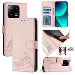 For Xiaomi 13 Pro 5G Cat Rat Embossed Pattern RFID Leather Phone Case with Lanyard(Pink)