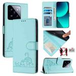 For Xiaomi 14 Pro 5G Cat Rat Embossed Pattern RFID Leather Phone Case with Lanyard(Mint Green)
