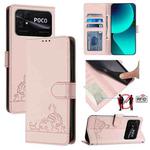 For Xiaomi POCO C40 / Redmi 10C Cat Rat Embossed Pattern RFID Leather Phone Case with Lanyard(Pink)