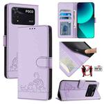 For Xiaomi POCO M4 Pro 4G Cat Rat Embossed Pattern RFID Leather Phone Case with Lanyard(Purple)