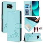 For Xiaomi POCO X3 / X3 NFC / X3 Pro Cat Rat Embossed Pattern RFID Leather Phone Case with Lanyard(Mint Green)