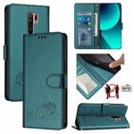 For Xiaomi Redmi 9 Cat Rat Embossed Pattern RFID Leather Phone Case with Lanyard(Peacock Green)