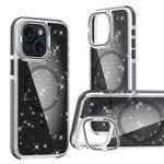 For iPhone 15 Plus Two-color Glitter Powder Lens Holder Magsafe Phone Case(Black)