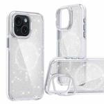 For iPhone 15 Two-color Glitter Powder Lens Holder Magsafe Phone Case(White)